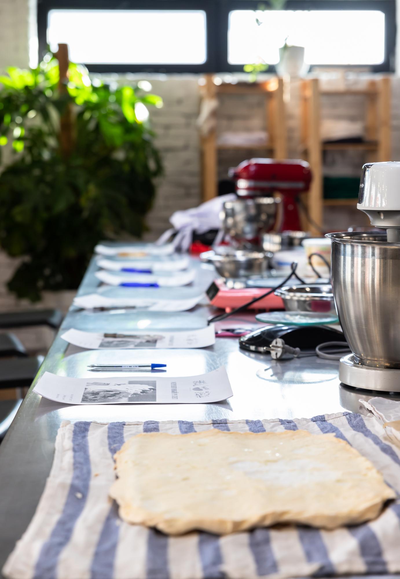 Workshop kitchen counter with ingredients and tools
